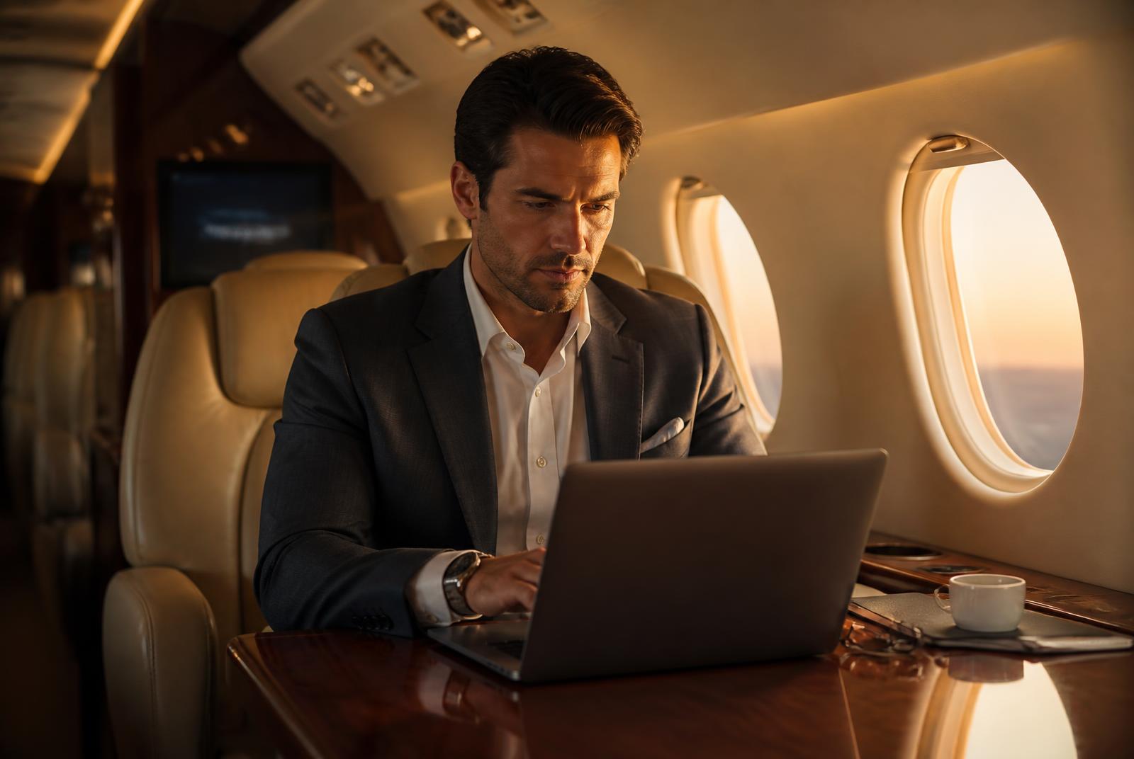 Executive working privately at a cabin table during a golden-hour flight