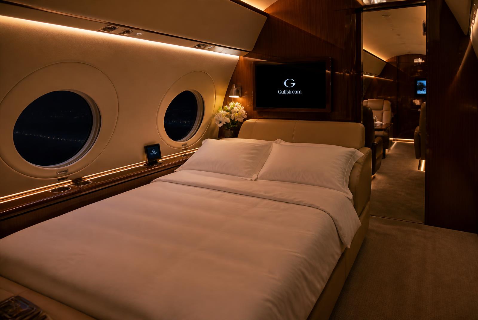 Private jet cabin configured with a full flat bed and warm mood lighting